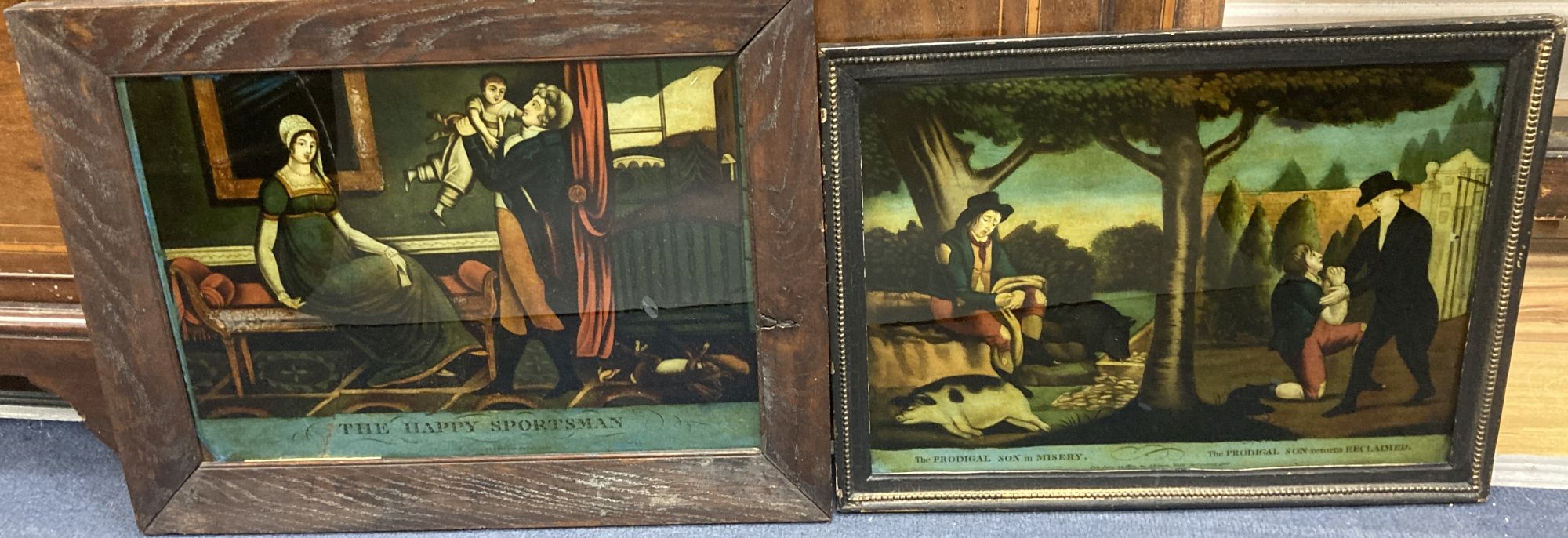 Two early 19th century coloured reverse glass prints, The Prodigal Son in Misery and The Prodigal Son returns Reclaimed, 25 x 35cm an